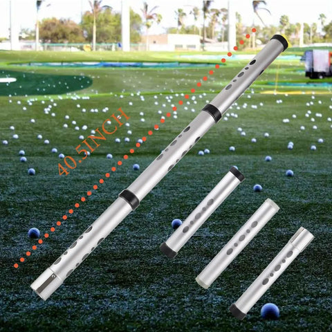 Detachable Golf Ball Retriever Tube, aluminum alloy, holds up to 24 balls, shown on golf course with scattered golf balls