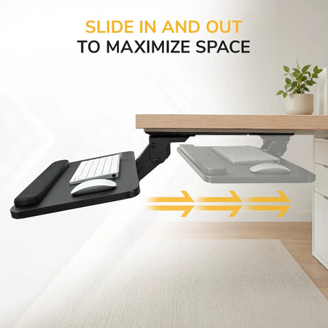 Smooth Glide Under Desk Keyboard Tray Featuring Adjustable Tilt And Height Controls 25 X 10 Inch Drawer Platform shown sliding in and out.
