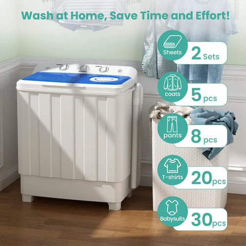 No Sweat Twin Tub Portable Washing Machine With 28 Pounds Capacity Featuring Eighteen Pound Wash Bowl And Ten Pound Spin Cylinder Compact Top Load Setup for laundry with various clothes.