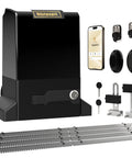 1800lb WiFi Sliding Gate Opener With Smart App Control One Half HP Rack Driven Gate Motor Includes Two Remote Controls And IR Sensor Complete Hardware Kits For Driveway Gates Up To Forty Feet black opener, remotes, sensors, and rack rails