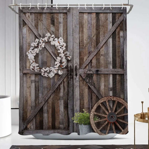 Barn Door Shower Curtain With Rustic Wood Plank Print In Vintage Farmhouse Style 60 By 72 Inches Polyester Fabric With 12 Hooks