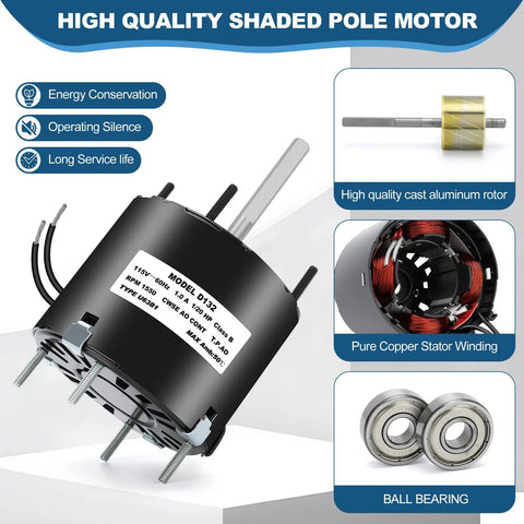 3.3 Inch Frame Shaded Pole Motor 1/20 HP, 1550 RPM, 115V 60Hz with labeled parts: rotor, stator winding, bearings