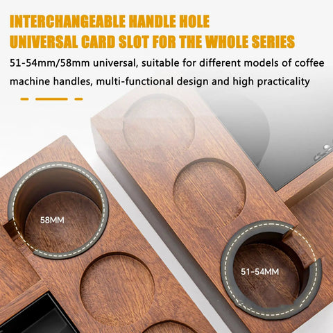 Heavy Duty Espresso Organizer Station With Kickass Knock Box And Precision Tamping Station Universal Fit showcasing interchangeable handle holes.