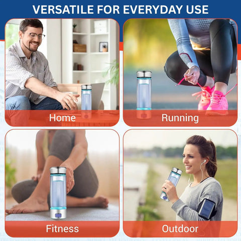 Hydrogen Water Bottle Generator With Lab Tested Output Up To 3310 PPB, SPE PEM Technology, Premium Borosilicate Glass shown in different settings