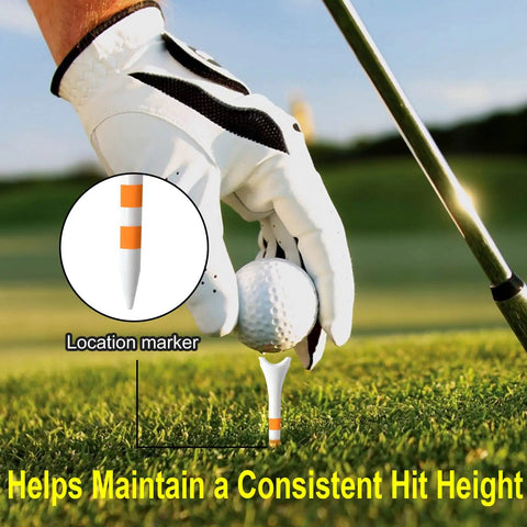 Golfer setting ball on 100 Pack Plastic Golf Tees 2 3/4 Inch Length Low Resistance Design To Reduce Friction And Boost Distance.