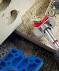Concealed Hinge Jig for 35mm Hinge Drilling Guide Woodworking with Adjustable Bit and Hex Wrench, close-up of drill bit in wood