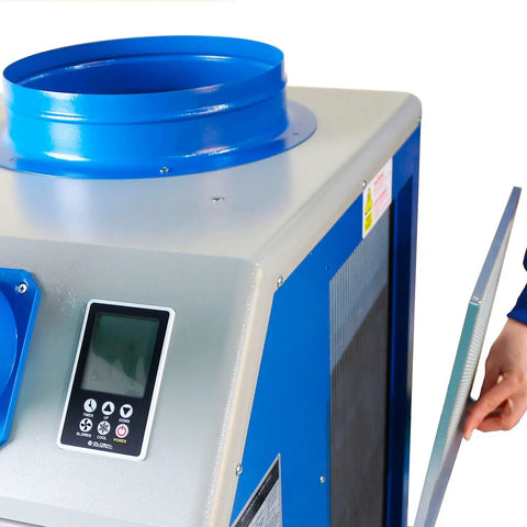Badass Heavy Duty Portable Air Conditioner Knocks Out Excess Heat 21000 BTU Cools Up To 540 Square Feet showing control panel and blue exhaust vent.