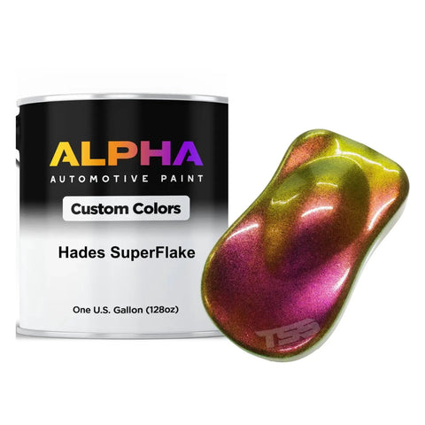 Pro Grade Superflake Automotive Basecoat Paint Ready To Spray One Gallon can alongside Hades SuperFlake color sample.