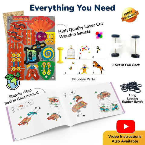Spin N Go Twenty In One Mechanical Builder Kit For Kids Ages Six To Twelve With A Step By Step Guide Hands On STEM Fun Creative Toy Builds And Daily New Toy Projects For Boys And Girls wooden parts, manual, 94 loose parts