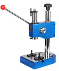 Built Tough Half Ton Manual Press Heavy Duty Iron Desktop Arbor Tool With Spring Assisted Lever For No Sweat Shaft Installation and Smooth Shop Bench Upgrades, blue iron design with lever.