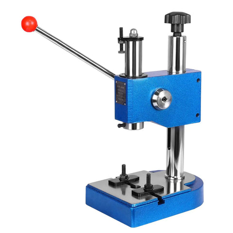 Built Tough Half Ton Manual Press Heavy Duty Iron Desktop Arbor Tool With Spring Assisted Lever For No Sweat Shaft Installation and Smooth Shop Bench Upgrades, blue iron design with lever.