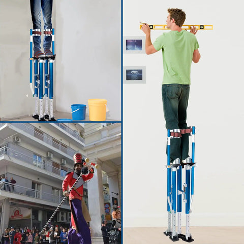 Adjustable Aluminum Drywall Stilts For Painting And Plastering 18 To 30 Inch Blue Sheetrock Stilts In Use Indoors And Outdoors