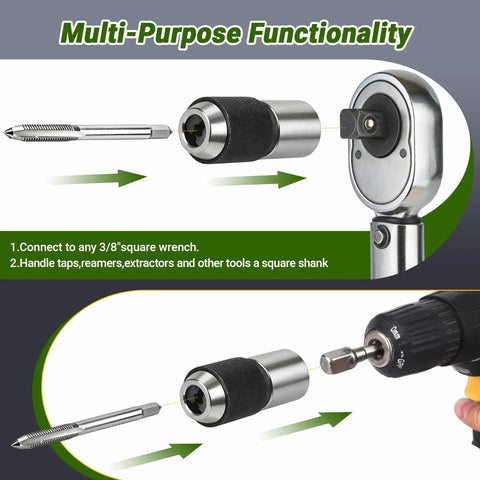 Beefy Ratcheting Tap Socket Set Two Piece With Adjustable Jaws For Tight Spaces Three Eighths Inch Drive Tap Holder demonstration