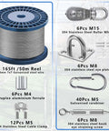 Heavy Duty Batting Cage Cable Tension Kit with 165 ft galvanized steel wire, 12 stainless clamps, tension screws, eye plates, ferrules.