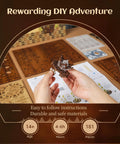 Hands assembling LED 3D Wood Puzzle Poker World Lamp With Music Box And DIY Craft Kit, showing instruction booklet and wood sheets.