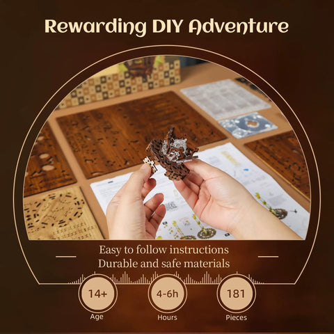 Hands assembling LED 3D Wood Puzzle Poker World Lamp With Music Box And DIY Craft Kit, showing instruction booklet and wood sheets.