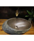 USZWBY Bathroom Vessel Sink, Undermount Sink Countertop Sink Ceramic Vessel Sink Stone Texture Bathroom Sink, Unique Shape Art Basin with a smooth, textured design on a wooden countertop.