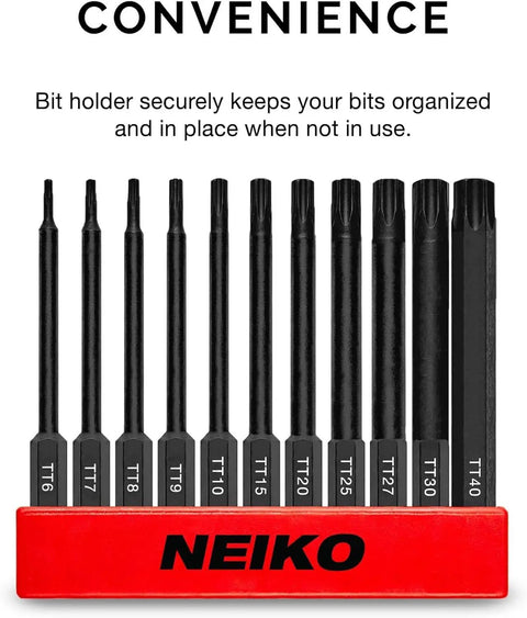 Torx Head Drill Bit Set 11 Piece TT6 Through TT40, Magnetic Tamperproof Bits, 3 Quick Release Shanks, Premium S2 Steel