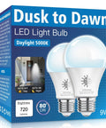 Dusk To Dawn Outdoor LED Light Bulbs 2 Pack 5000K Daylight 720 Lumens 9W 60W Equivalent A19 E26 Auto On Off in packaging