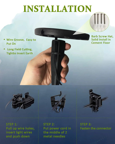 Installation guide for 12V LED Landscape Pathway Lights 6 Pack Low Voltage Bollard Style showing connector setup steps