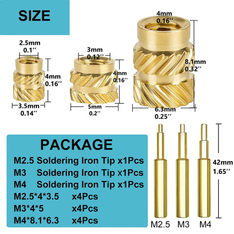 12 Piece M2.5 M3 M4 Threaded Inserts Kit With Three Soldering Iron Tip Sizes For Brass Heat Set Inserts in various sizes