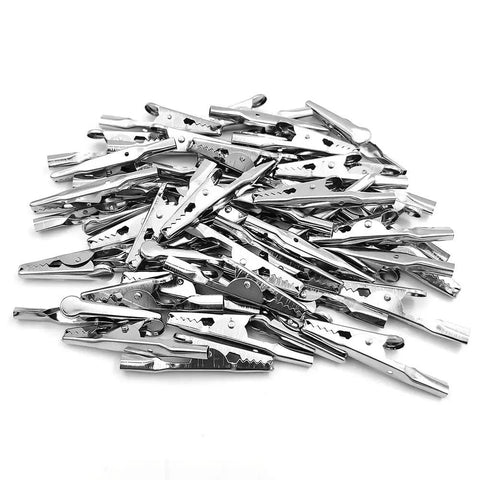 100 Pack Metal Alligator Clips 2 Inch 51mm Steel Crocodile Clips Nickel Plated Silver Tone For Electrical Testing And DIY Projects Heavy Duty Killer Grip Spring Clamps, pile on white