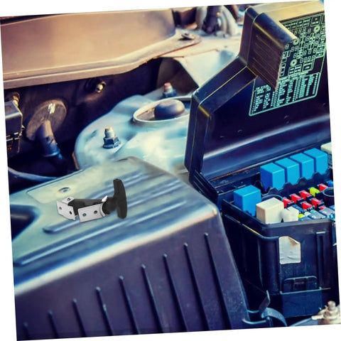 Rubber Hood Latch Kit With Flexible T Handle Hasps for toolboxes shown in an open vehicle engine bay.