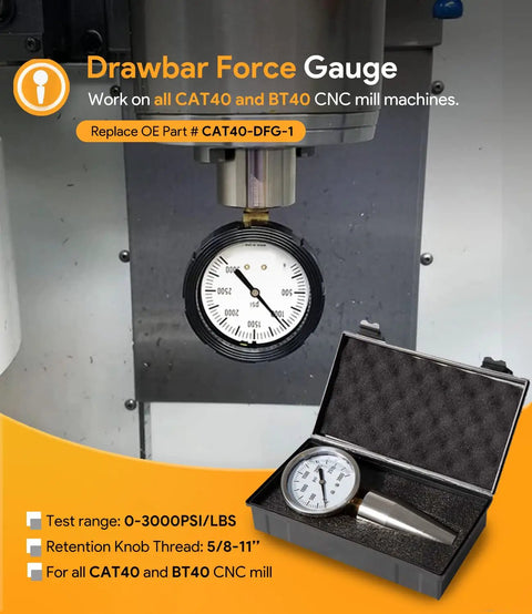Spindle Drawbar Force Test Gauge Holder For BT40 CNC Mills, 0-3000 PSI/LBS Range, 5/8-11 Inch Retention Knob Thread, Quick Check Tool For Milling Machines, Works With DFG-1 Adapters, Built Tough For Daily Machining; gauge in case