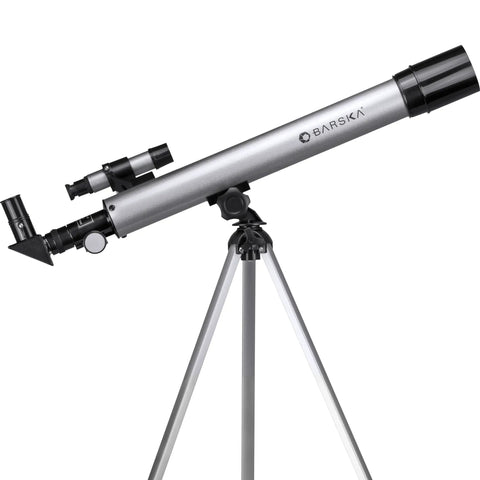 Starwatcher 50mm Refractor Telescope For Beginners With 600mm Focal Length And Coated Optics on tripod, ideal for sky watching.