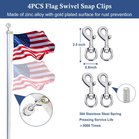 Heavy Duty Flagpole Hardware Repair Kit With 50 Ft Halyard Rope 3 Inch Ball Topper 6 Inch Zinc Cleat Four Swivel Clips And Nylon Pulley Truck featuring 4 zinc alloy swivel snap clips.