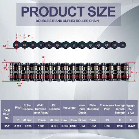 Solid 10 Foot Double Strand Roller Chain 35-2 Duplex For Gate Openers With Extra Links Easy Install And Heavy Duty Machine Gear Upgrade size specifications and dimensions diagram.