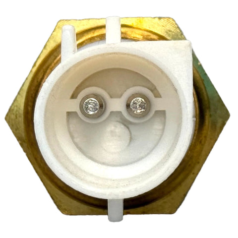 Front view of MecXora engine coolant temperature sensor with white plastic connector face and brass threaded body.