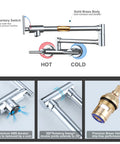 Chrome Pot Filler Faucet For Hot And Cold Water Wall Mounted Kitchen Folding Faucet Over Stove Solid Brass Dual Handle With Precise Temperature And Flow Control Modern Style features explained with visual highlights of solid brass construction, momentary switch, 360° rotation, ABS aerator, and premium brass valve.