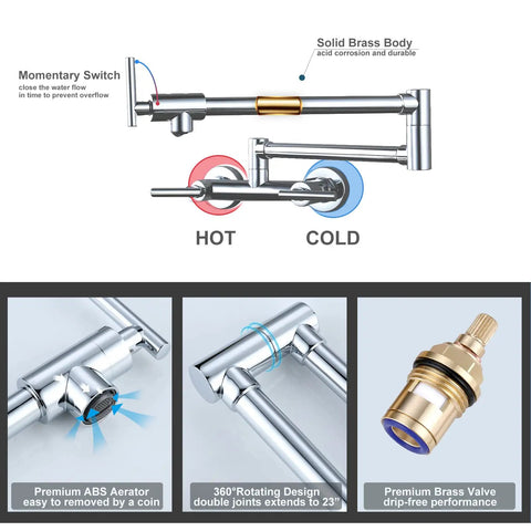 Chrome Pot Filler Faucet For Hot And Cold Water Wall Mounted Kitchen Folding Faucet Over Stove Solid Brass Dual Handle With Precise Temperature And Flow Control Modern Style features explained with visual highlights of solid brass construction, momentary switch, 360° rotation, ABS aerator, and premium brass valve.