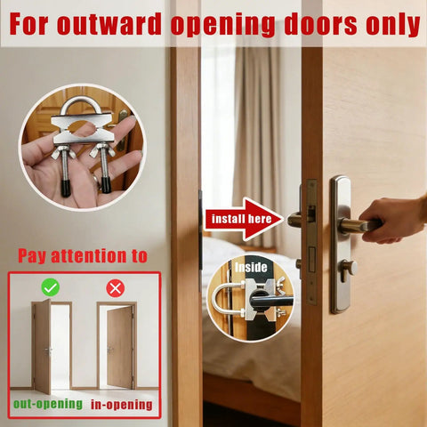 Heavy Duty Portable Door Lock For Outward Swing Doors Adjustable Stainless Steel Travel Security Device installed on door