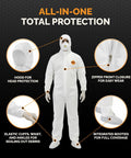 Heavy Duty White Disposable Coveralls Industrial Grade Antistatic Protective Suit Full Body Tear Puncture Resistant 2XL with hood and booties