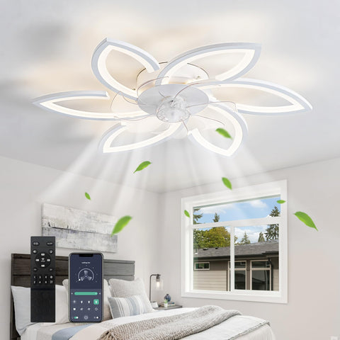 Low Profile Bladeless Ceiling Fan With Lights And Remote Control 6 Speed Wind 3 Color Temperatures Quiet Reversible DC Motor Flush Mount Smart Timing 66W White installed in bedroom with remote on bed