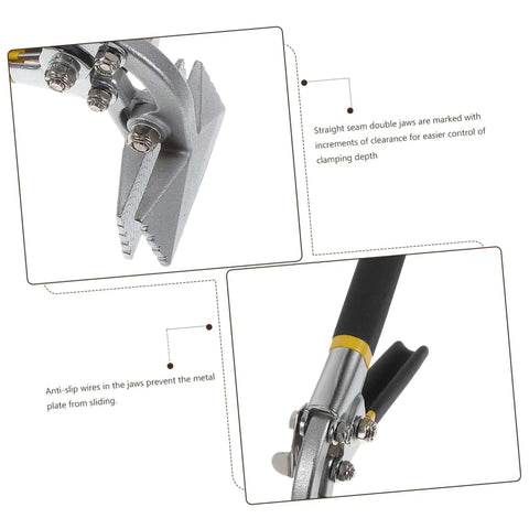 Close-up of Metal Bender Hand Seamer Tool Plier with non-slip handle and heat treated steel, showing jaw details for edge seaming in HVAC applications.