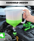 Shop Grade 18 Piece No Mess Coolant Funnel Kit With Universal Adapters Clean Zero Drip Radiator Burping Bleeder Tool For Straight Forward Auto Fluid Top Offs handheld design with green fluid and adapters on engine.