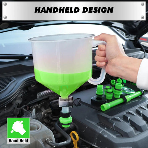 Shop Grade 18 Piece No Mess Coolant Funnel Kit With Universal Adapters Clean Zero Drip Radiator Burping Bleeder Tool For Straight Forward Auto Fluid Top Offs handheld design with green fluid and adapters on engine.