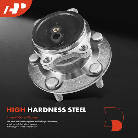 Two Pack Rear Wheel Bearing And Hub Assembly With Five Lug For Mazda CX5 2013 Through 2020 And Mazda 6 2014 Through 2020 Direct Fit FWD Only High Load Capacity Ball Or Roller Bearing For Superior Axial And Radial Load Support, front view showcasing high hardness steel construction.