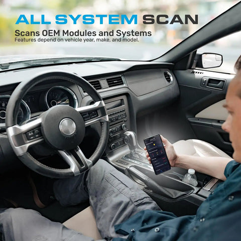 User with Bluetooth OBD2 Scanner For iPhone And Android With No Subscription Fee in car, checking diagnostics on phone app.