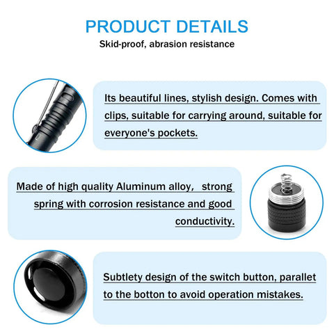 Close-up of 2-Pack Mini UV Black Light Flashlights 395nm For Leak Detection showing design, clip, button, and aluminum material.