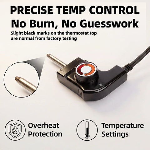 Close-up of adjustable thermostat for Tiny But Mighty 10 Inch Mini Ceramic Electric Griddle with precise temp control