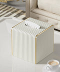 White Leather Tissue Box Cover With Gold Tone Edging, Modern Cube Vessel on table in living room