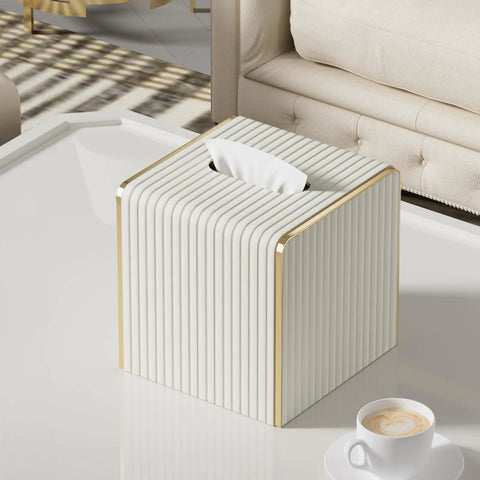 White Leather Tissue Box Cover With Gold Tone Edging, Modern Cube Vessel on table in living room