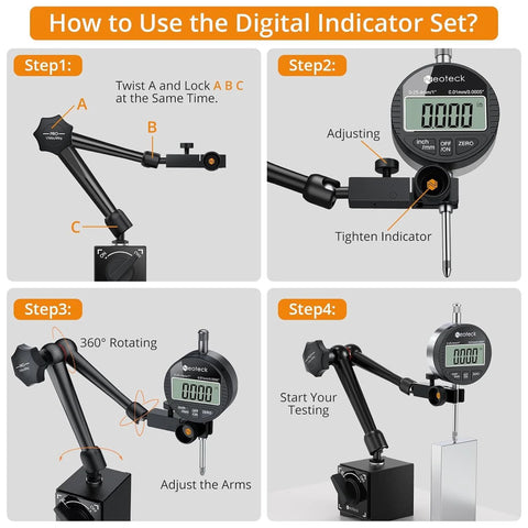 Front view of Neoteck digital dial indicator with magnetic base, adjustable arms, and storage case.