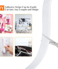 Heavy Duty Self Adhesive Mounting Tape Rolls With Rock Solid Industrial Strength Sticky Back Strips And Reusable Double Sided Loop Fastener For Indoor Outdoor Use And Home Fixes cut into various lengths with scissors and showing multiple uses.