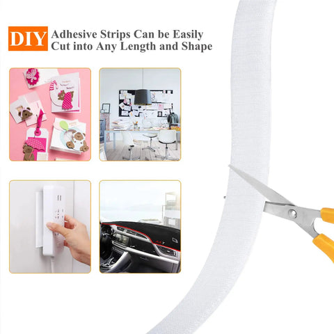 Heavy Duty Self Adhesive Mounting Tape Rolls With Rock Solid Industrial Strength Sticky Back Strips And Reusable Double Sided Loop Fastener For Indoor Outdoor Use And Home Fixes cut into various lengths with scissors and showing multiple uses.