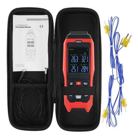 Thermocouple thermometer data logger, 4-channel, red handheld unit in black zippered case with blue thermocouple leads